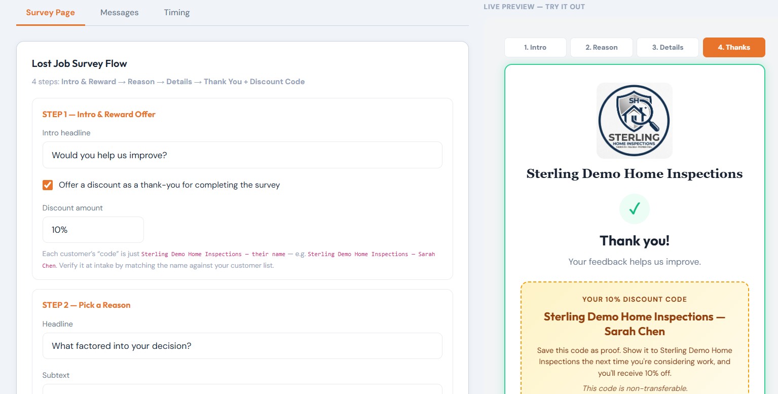 BidEcho message editor with live preview — edit SMS and email copy on the left, see the rendered customer view on the right