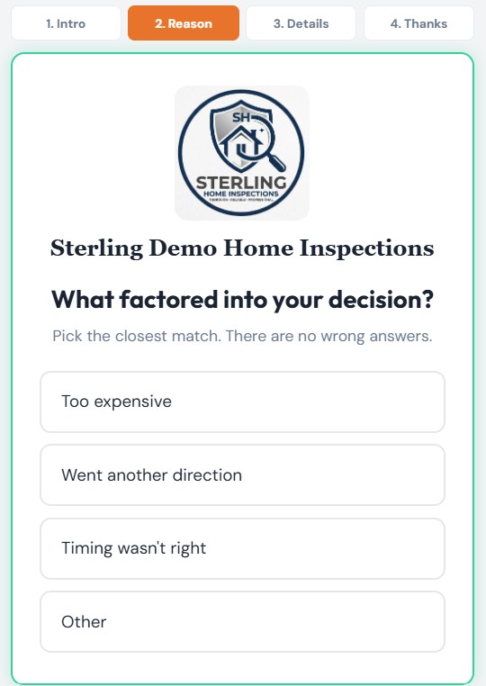 BidEcho lost-bid survey step 2 — 'What factored into your decision?' with one-tap reasons (price, response time, fit, timing)
