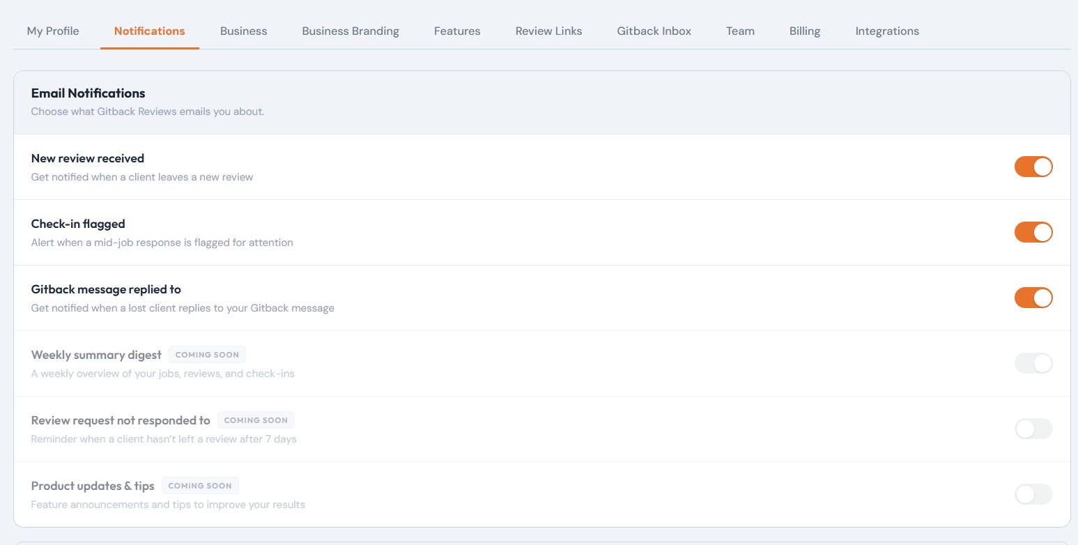 BidEcho notification preferences — toggle email and SMS alerts for new reviews, flagged check-ins, and lost-bid replies